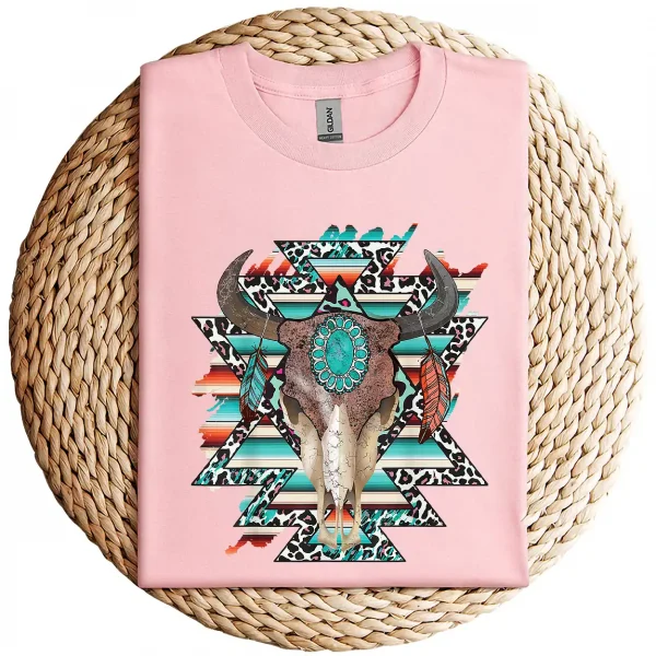Boho Serape Turquoise Aztec Cow Skull T-Shirt – Western Cowgirl Graphic Tee – Vintage Bull Skull Rodeo Shirt – Country Outfit Top