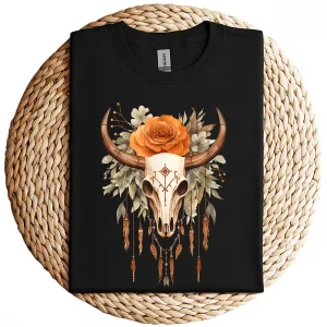 10-2-3.webp Floral Boho Cow Skull T-Shirt – Rustic Bull Skull Watercolor Graphic Tee – Southwestern Bohemian Style – Vintage Rodeo Cowgirl Shirt