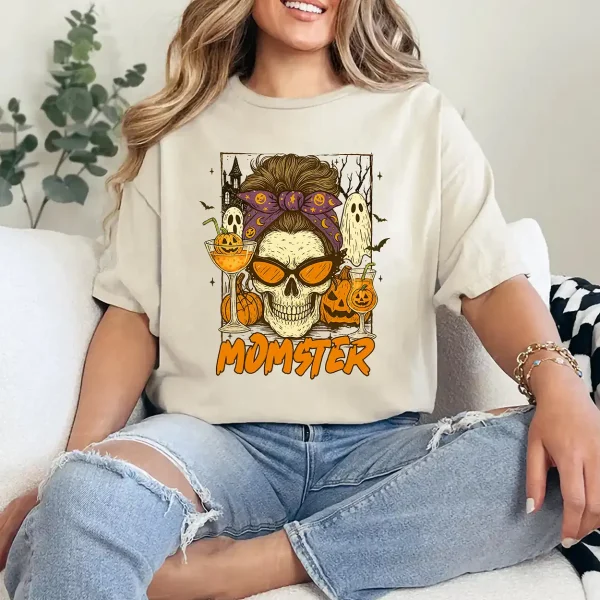 Halloween Vibes Spooky Mom Life Skull Pumpkin Boo Momster T-Shirt - Unisex, Gift for Halloween Day,  Gift for Mama