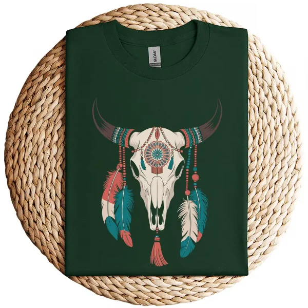 Boho Cow Skull Long Sleeve T-Shirt – Southwestern Bohemian Style – Vintage Western Graphic Tee – Comfortable Casual Wear for Cowgirls