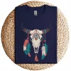 Boho Cow Skull Long Sleeve T-Shirt – Southwestern Bohemian Style – Vintage Western Graphic Tee – Comfortable Casual Wear for Cowgirls
