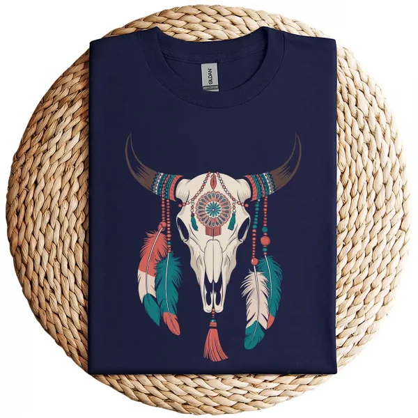 Boho Cow Skull Long Sleeve T-Shirt – Southwestern Bohemian Style – Vintage Western Graphic Tee – Comfortable Casual Wear for Cowgirls