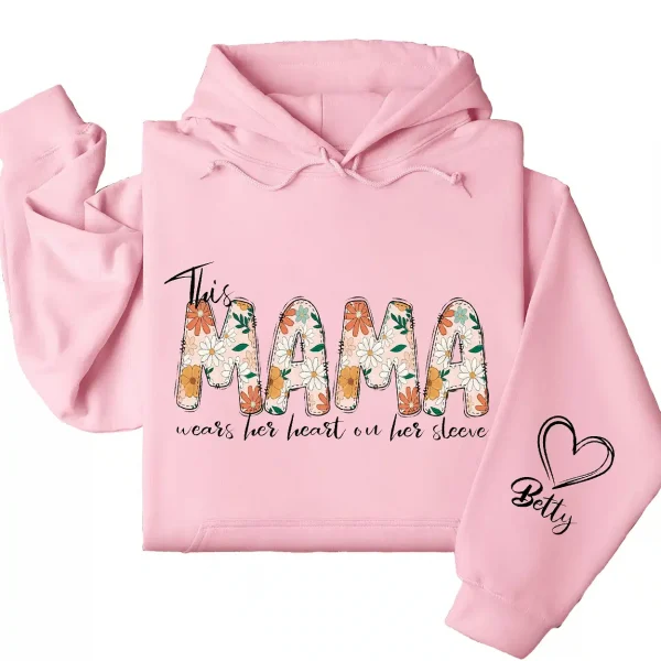 Personalized This Mama Wears Her Heart on Her Sleeve Hoodie – Floral Mama, Custom Hoodie with Kids’ Names, Personalized Mother’s Day Gift for Mom