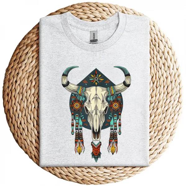 Cow Bull Skull T-Shirt – Native American Feathers Design – Southwestern Tribal Graphic Tee – Boho Western Style Sleeveless Shirt