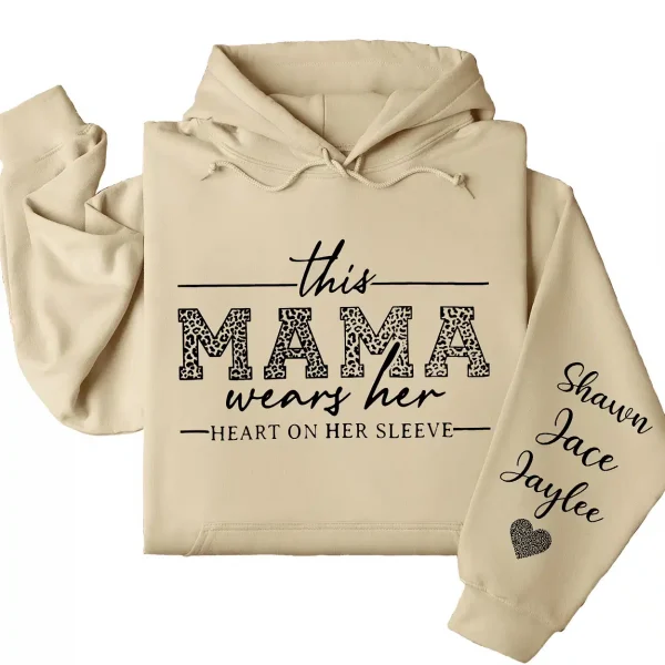 Personalized This Mama Wears Her Heart on Her Sleeve Hoodie – Mom Life, Blessed Mama, Motherhood Hoodie – Mother’s Day Gift
