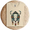 Cow Bull Skull T-Shirt – Native American Feathers Design – Southwestern Tribal Graphic Tee – Boho Western Style Sleeveless Shirt