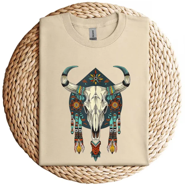 Cow Bull Skull T-Shirt – Native American Feathers Design – Southwestern Tribal Graphic Tee – Boho Western Style Sleeveless Shirt