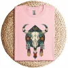 Cow Bull Skull T-Shirt – Native American Feathers Design – Southwestern Tribal Graphic Tee – Boho Western Style Sleeveless Shirt