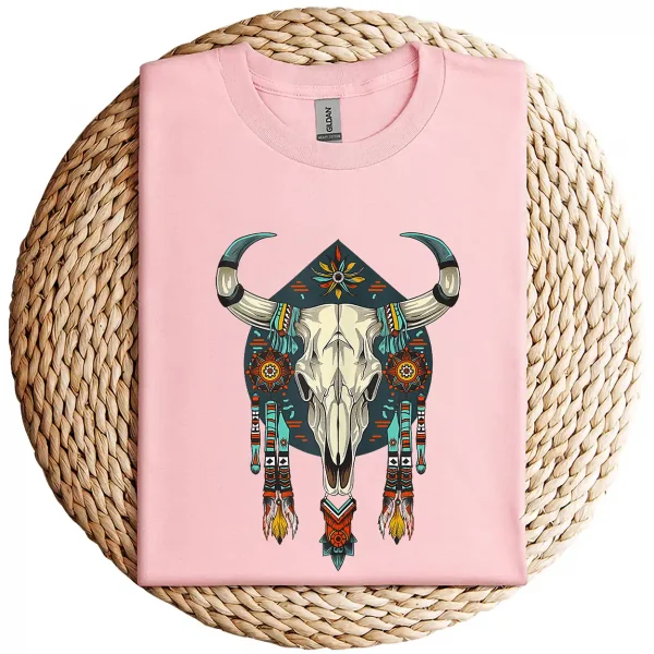 Cow Bull Skull T-Shirt – Native American Feathers Design – Southwestern Tribal Graphic Tee – Boho Western Style Sleeveless Shirt