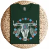 Vintage Cow Bull Skull T-Shirt – BOHO Southwestern Aztec Feather Design – Rustic Western Graphic Tee – Unique Cowgirl & Cowboy Shirt