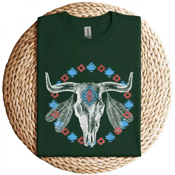 Vintage Cow Bull Skull T-Shirt – BOHO Southwestern Aztec Feather Design – Rustic Western Graphic Tee – Unique Cowgirl & Cowboy Shirt