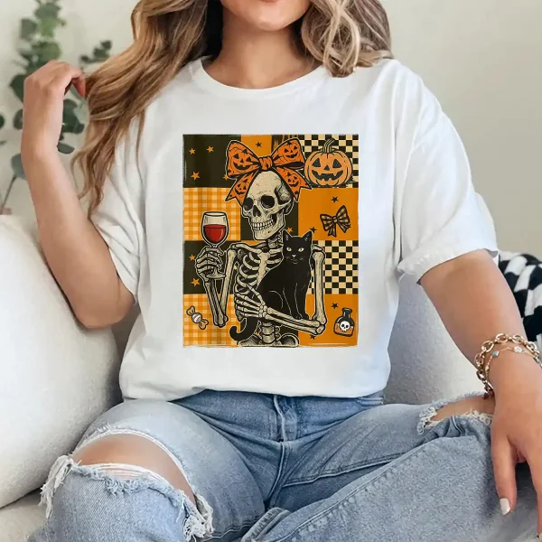 Women Halloween Wine Mama Messy Bun Cat Skeleton Coquette T-Shirt - Unisex, Gift for Halloween Day,  Gift for Mama