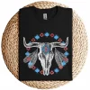 Vintage Cow Bull Skull T-Shirt – BOHO Southwestern Aztec Feather Design – Rustic Western Graphic Tee – Unique Cowgirl & Cowboy Shirt