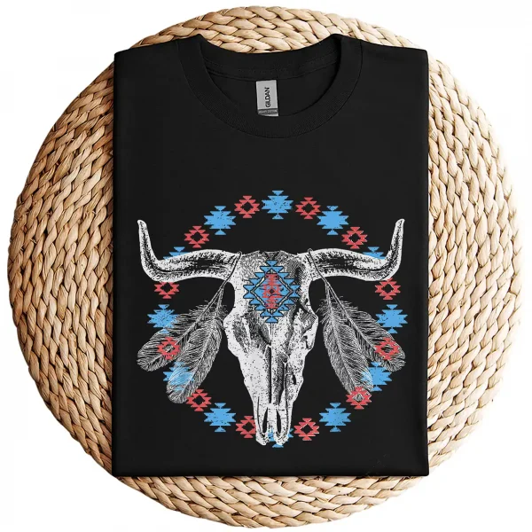 Vintage Cow Bull Skull T-Shirt – BOHO Southwestern Aztec Feather Design – Rustic Western Graphic Tee – Unique Cowgirl & Cowboy Shirt