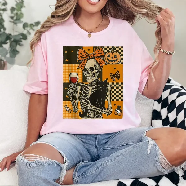 Women Halloween Wine Mama Messy Bun Cat Skeleton Coquette T-Shirt - Unisex, Gift for Halloween Day,  Gift for Mama
