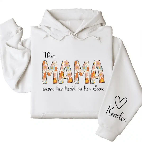 13-2-5.webp Personalized This Mama Wears Her Heart on Her Sleeve Hoodie – Retro Floral Mom, Custom Kids' Names – Mother’s Day Gift