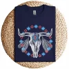 Vintage Cow Bull Skull T-Shirt – BOHO Southwestern Aztec Feather Design – Rustic Western Graphic Tee – Unique Cowgirl & Cowboy Shirt