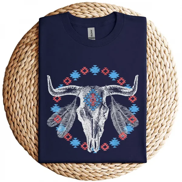 Vintage Cow Bull Skull T-Shirt – BOHO Southwestern Aztec Feather Design – Rustic Western Graphic Tee – Unique Cowgirl & Cowboy Shirt