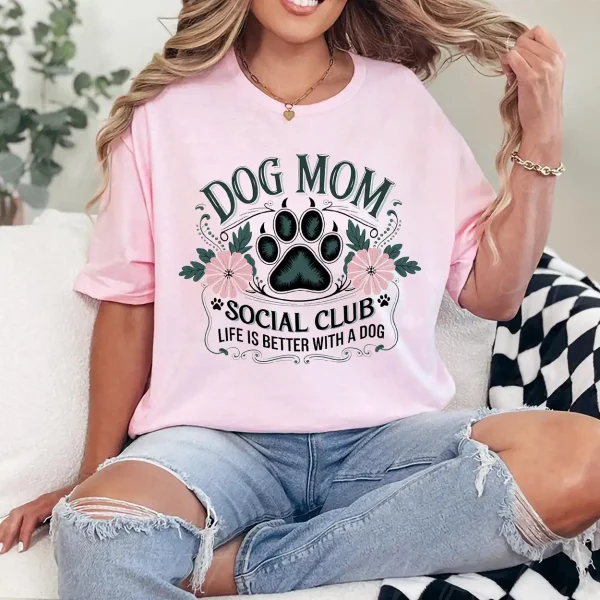 Dog Mom Social Club T-Shirt – Floral Dog Paw Shirt for Pet Lovers, Gift for Dog Owners, Cute Dog Lover Tee, Fur Mama Graphic Top