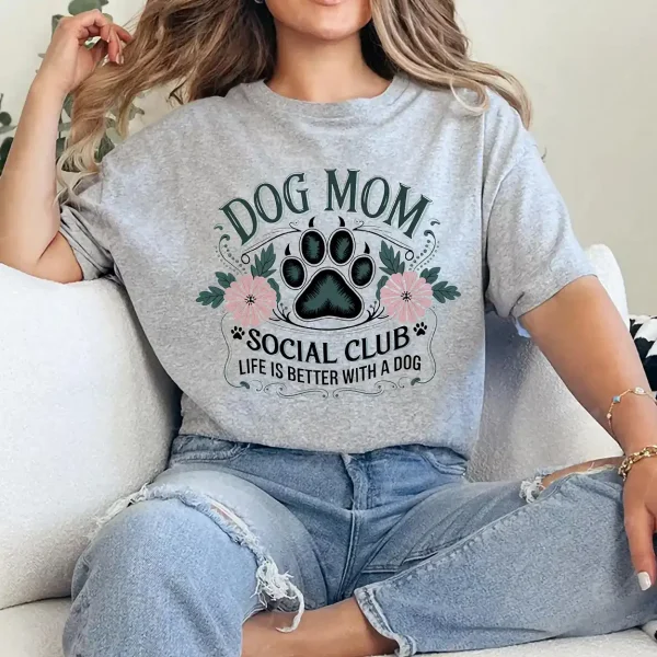 Dog Mom Social Club T-Shirt – Floral Dog Paw Shirt for Pet Lovers, Gift for Dog Owners, Cute Dog Lover Tee, Fur Mama Graphic Top