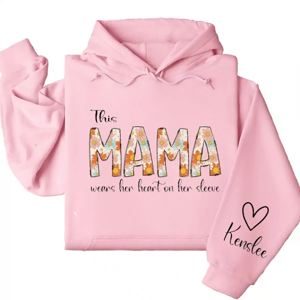 13-5-1.webp Personalized This Mama Wears Her Heart on Her Sleeve Hoodie – Retro Floral Mom, Custom Kids' Names – Mother’s Day Gift