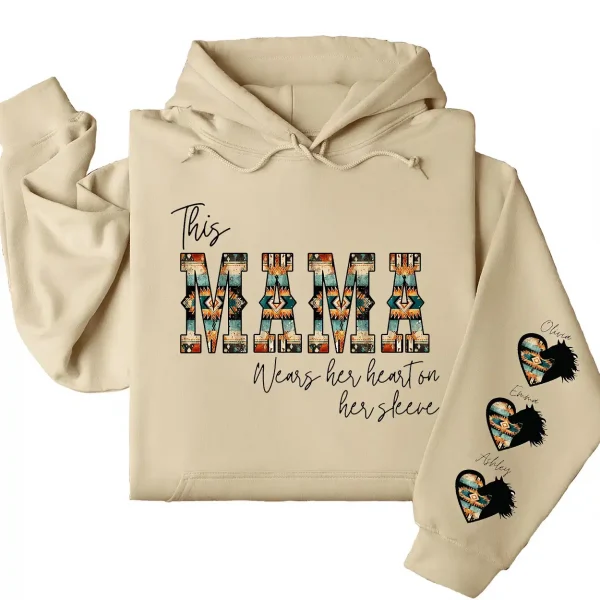 Western Mama Wears Her Heart on Her Sleeve Hoodie – Personalized Aztec Heart & Horse Graphic, Cowboy Font, Mother’s Day or Birthday Gift