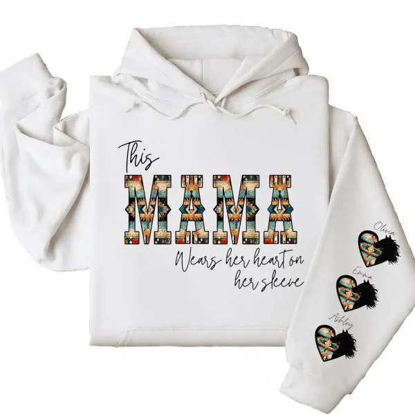 Western Mama Wears Her Heart on Her Sleeve Hoodie – Personalized Aztec Heart & Horse Graphic, Cowboy Font, Mother’s Day or Birthday Gift