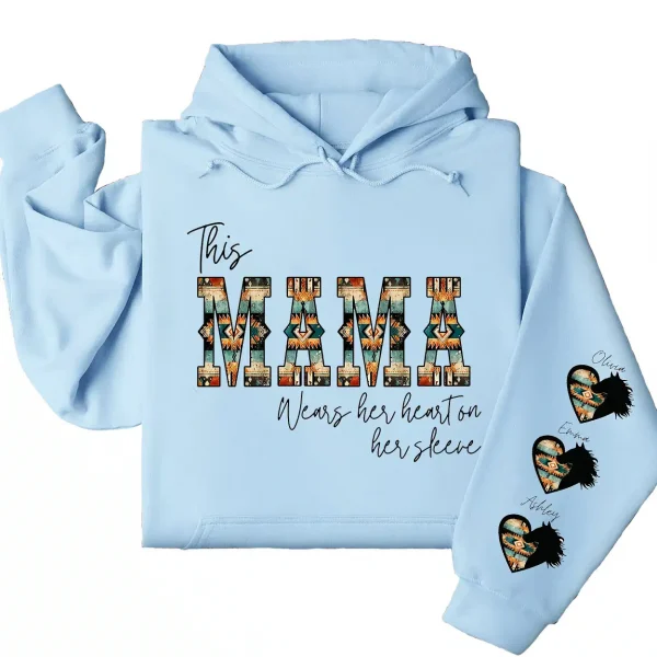 Western Mama Wears Her Heart on Her Sleeve Hoodie – Personalized Aztec Heart & Horse Graphic, Cowboy Font, Mother’s Day or Birthday Gift