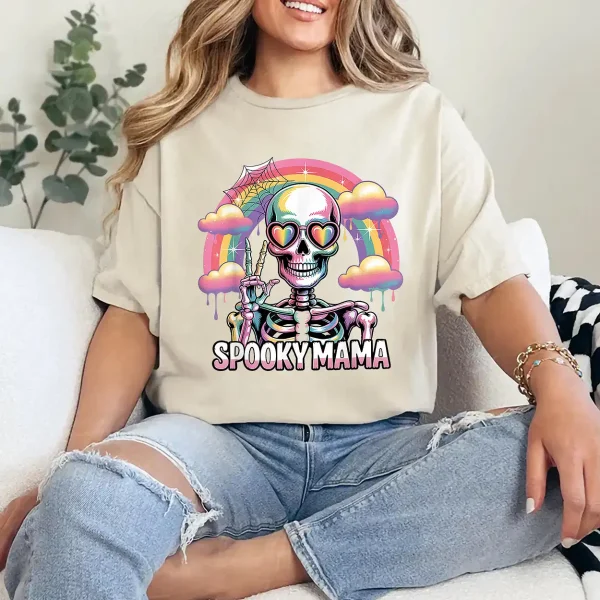 Spooky Mama Rainbow Skeleton Halloween Peace Sign T-Shirt - Unisex, Gift for Halloween Day,  Gift for Mama