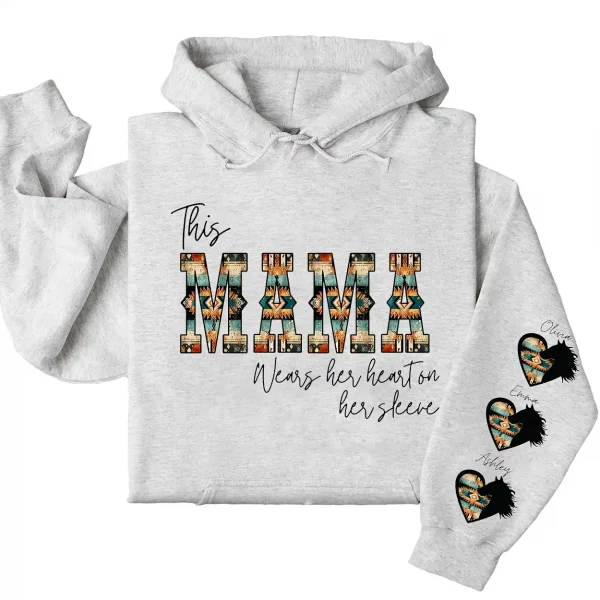 Western Mama Wears Her Heart on Her Sleeve Hoodie – Personalized Aztec Heart & Horse Graphic, Cowboy Font, Mother’s Day or Birthday Gift