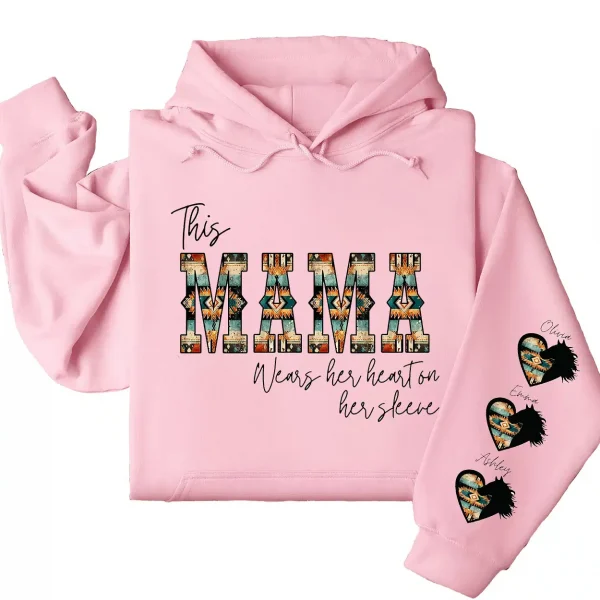 Western Mama Wears Her Heart on Her Sleeve Hoodie – Personalized Aztec Heart & Horse Graphic, Cowboy Font, Mother’s Day or Birthday Gift