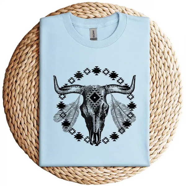 Vintage Cow Bull Skull T-Shirt – BOHO Southwestern Aztec Feather Design – Rustic Western Graphic Tee – Unique Cowgirl & Cowboy Shirt