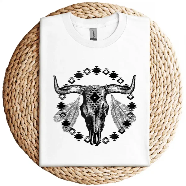 Vintage Cow Bull Skull T-Shirt – BOHO Southwestern Aztec Feather Design – Rustic Western Graphic Tee – Unique Cowgirl & Cowboy Shirt