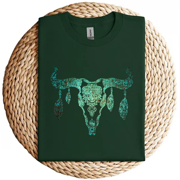 Boho Cow Skull T-Shirt – Fun Country & Western Look Tee – Vintage Rodeo Cowgirl Cowboy Graphic Shirt for Women and Men