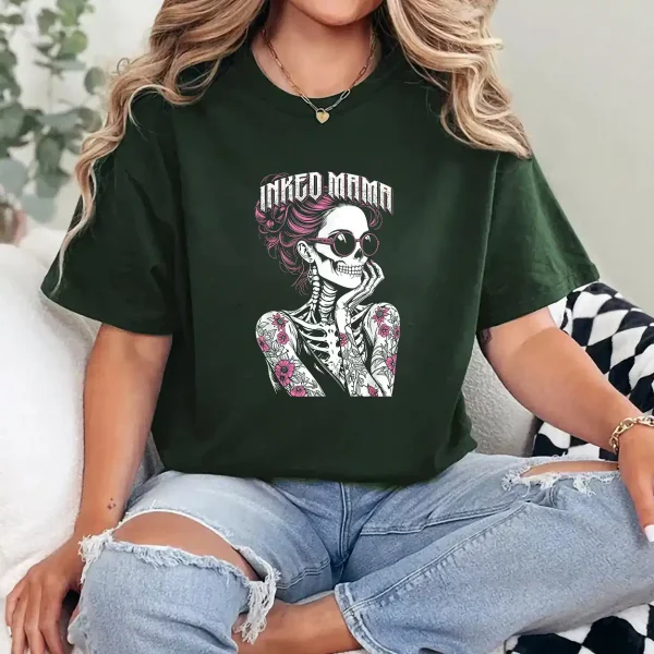 Inked Mama Messy Bun Gothic Cute Skeleton Tattoo Mom Ink T-Shirt (3)- Unisex, Gift for Halloween Day,  Gift for Mama