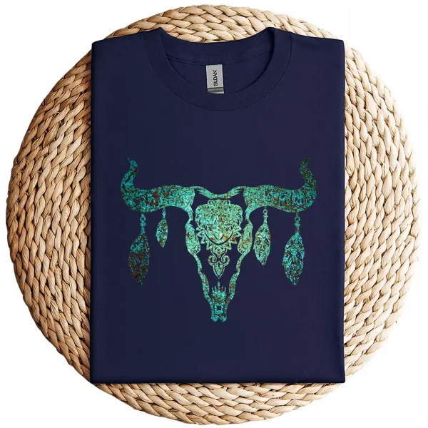 Boho Cow Skull T-Shirt – Fun Country & Western Look Tee – Vintage Rodeo Cowgirl Cowboy Graphic Shirt for Women and Men