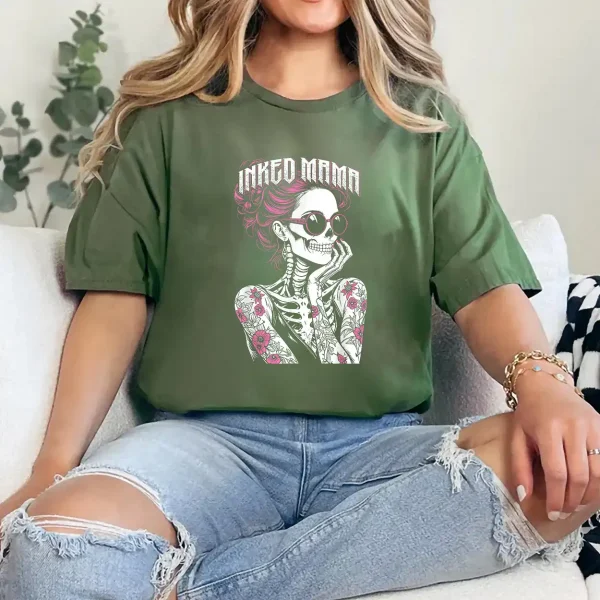 Inked Mama Messy Bun Gothic Cute Skeleton Tattoo Mom Ink T-Shirt (3)- Unisex, Gift for Halloween Day,  Gift for Mama