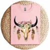 Cow Skull with Feathers and Pink Roses T-Shirt – Boho Western Floral Graphic Tee – Country Cowgirl Shirt for Women