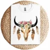 Cow Skull with Feathers and Pink Roses T-Shirt – Boho Western Floral Graphic Tee – Country Cowgirl Shirt for Women