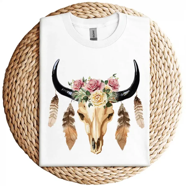 Cow Skull with Feathers and Pink Roses T-Shirt – Boho Western Floral Graphic Tee – Country Cowgirl Shirt for Women