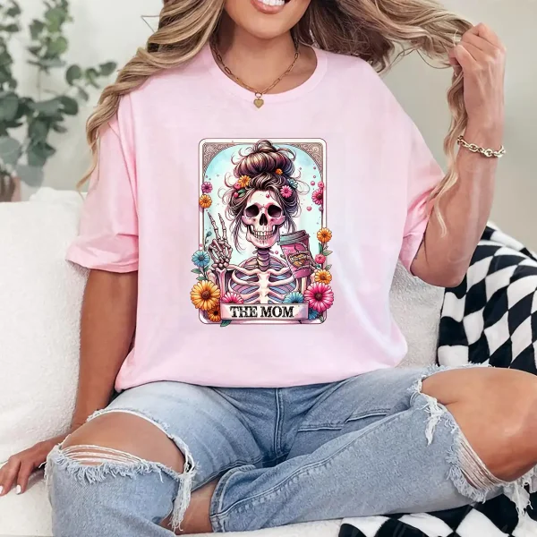 The Mom Funny Tarot Card Messy Bun Coffee Skeleton Mama T-Shirt - Unisex, Gift for Halloween Day,  Gift for Mama