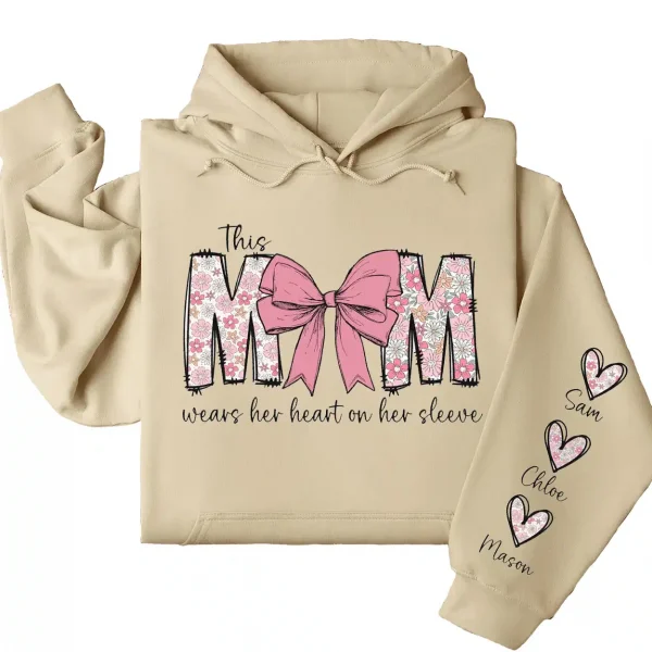 This Mom Wears Her Heart on Her Sleeve Hoodie – Custom Mama Shirt with Kids’ Names, Personalized Mother’s Day Gift, Cute Sweatshirt for Mom