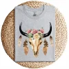 Cow Skull with Feathers and Pink Roses T-Shirt – Boho Western Floral Graphic Tee – Country Cowgirl Shirt for Women