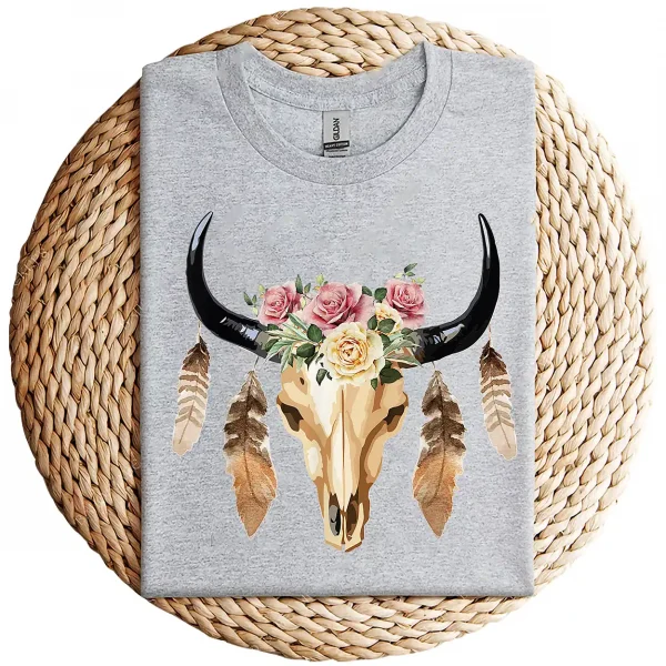 Cow Skull with Feathers and Pink Roses T-Shirt – Boho Western Floral Graphic Tee – Country Cowgirl Shirt for Women