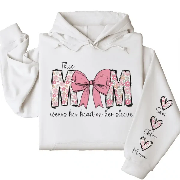 This Mom Wears Her Heart on Her Sleeve Hoodie – Custom Mama Shirt with Kids’ Names, Personalized Mother’s Day Gift, Cute Sweatshirt for Mom