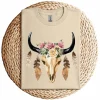 Cow Skull with Feathers and Pink Roses T-Shirt – Boho Western Floral Graphic Tee – Country Cowgirl Shirt for Women