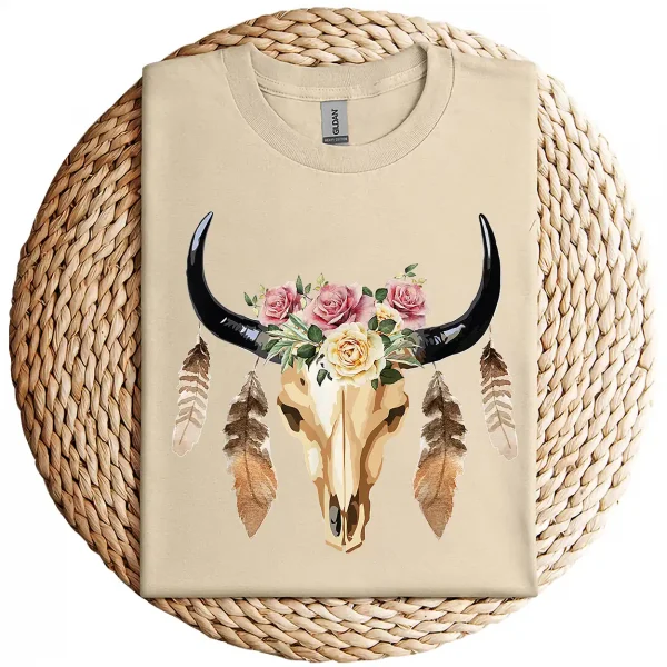 Cow Skull with Feathers and Pink Roses T-Shirt – Boho Western Floral Graphic Tee – Country Cowgirl Shirt for Women