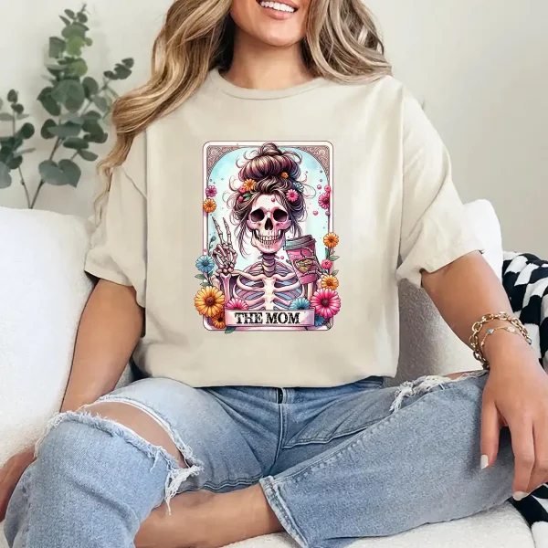 The Mom Funny Tarot Card Messy Bun Coffee Skeleton Mama T-Shirt - Unisex, Gift for Halloween Day,  Gift for Mama