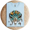 Western Boho Sunflowers Turquoise Cow Bull Skull T-Shirt – Country Cowgirl Graphic Tee – Vintage Rodeo Western Shirt for Women