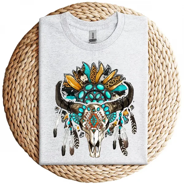 Western Boho Sunflowers Turquoise Cow Bull Skull T-Shirt – Country Cowgirl Graphic Tee – Vintage Rodeo Western Shirt for Women
